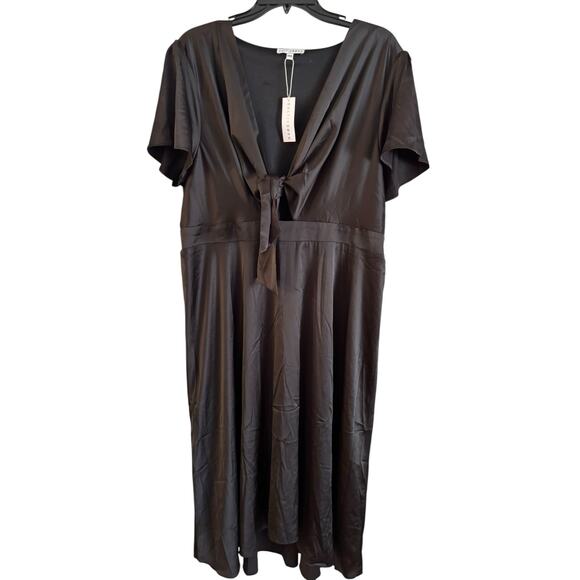 Baltic Born Poppy Satin Midi Dress XXXL Black Front Tie Short Sleeve Hi Low New - Picture 1 of 6